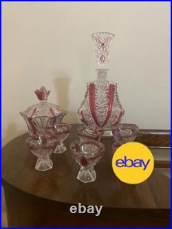 Vintage Anna Hutte Germany Lead Crystal Decanter Set Cranberry Flash 7pc