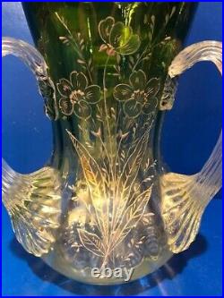 Vintage Antique Bohemian (Moser) Vase w Applied Handles Gold Decor