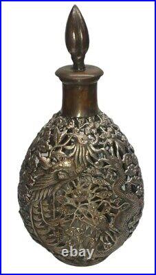 Vintage Antique Chinese Silvered Bronze Mounted Whiskey Glass Decanter