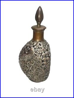 Vintage Antique Chinese Silvered Bronze Mounted Whiskey Glass Decanter