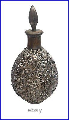 Vintage Antique Chinese Silvered Bronze Mounted Whiskey Glass Decanter