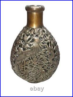 Vintage Antique Chinese Silvered Bronze Mounted Whiskey Glass Decanter