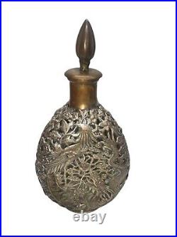 Vintage Antique Chinese Silvered Bronze Mounted Whiskey Glass Decanter