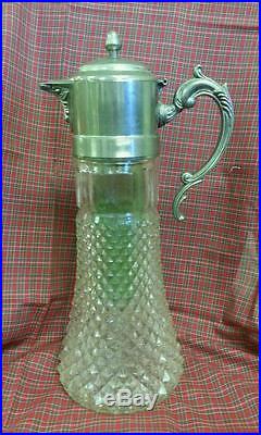 Vintage Antique Crystal Decanter Silver Plate, Ice Tube Pitcher