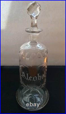 Vintage Antique Etched Alcohol Glass Decanter w Faceted Stopper Barware