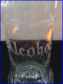 Vintage Antique Etched Alcohol Glass Decanter w Faceted Stopper Barware