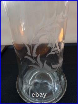 Vintage Antique Etched Alcohol Glass Decanter w Faceted Stopper Barware
