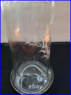 Vintage Antique Etched Alcohol Glass Decanter w Faceted Stopper Barware