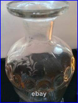 Vintage Antique Etched Alcohol Glass Decanter w Faceted Stopper Barware