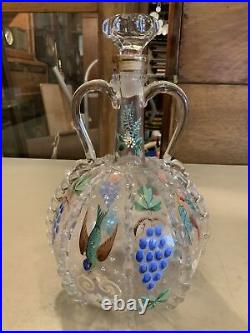 Vintage Antique Italian Dutch Hand Painted Art Glass Handled Decanter Bottle