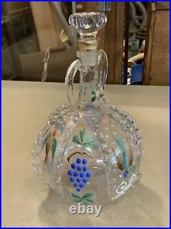 Vintage Antique Italian Dutch Hand Painted Art Glass Handled Decanter Bottle