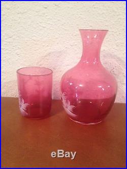 Vintage Antique Mary Gregory Cranberry Glass Decanter with Tumbler Glass Lid