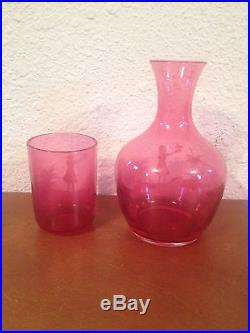 Vintage Antique Mary Gregory Cranberry Glass Decanter with Tumbler Glass Lid