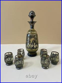 Vintage Antique Victorian Cordial Set Glass Decanter with 6 Shot Glasses Unique