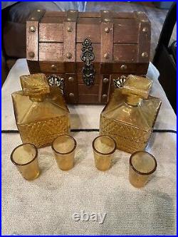 Vintage Apco Japan treasure chest, 2 amber decanters and 4 shot glasses
