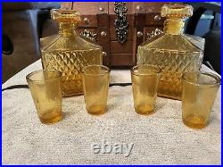 Vintage Apco Japan treasure chest, 2 amber decanters and 4 shot glasses