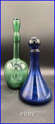 Vintage Apple Green & Cobalt Blue Glass Decanters With Glass Stoppers Barware