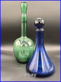 Vintage Apple Green & Cobalt Blue Glass Decanters With Glass Stoppers Barware