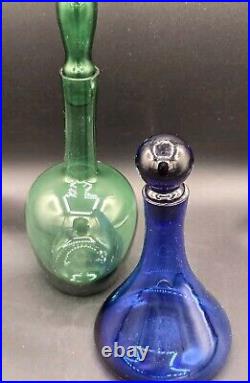 Vintage Apple Green & Cobalt Blue Glass Decanters With Glass Stoppers Barware