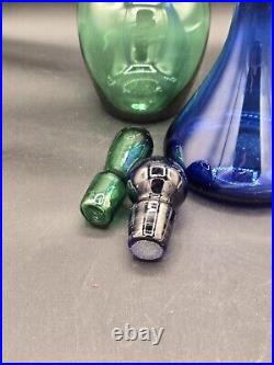 Vintage Apple Green & Cobalt Blue Glass Decanters With Glass Stoppers Barware