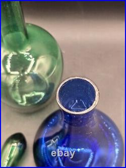 Vintage Apple Green & Cobalt Blue Glass Decanters With Glass Stoppers Barware