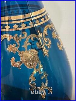 Vintage Aqua Blue Bohemian Glass Decanter Vase Gilded Gold Floral Roses 11
