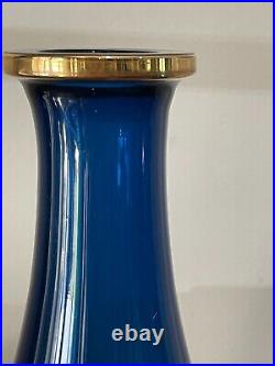 Vintage Aqua Blue Bohemian Glass Decanter Vase Gilded Gold Floral Roses 11