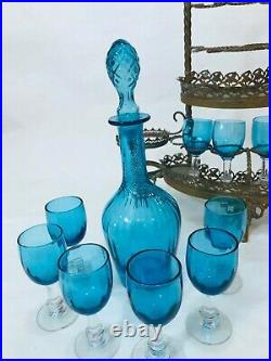 Vintage Aqua Blue Glass Decanter & 10 Goblets with Brass Cage, 14 1/2 Tall