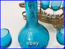 Vintage Aqua Blue Glass Decanter & 10 Goblets with Brass Cage, 14 1/2 Tall