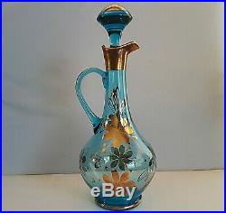 Vintage Aqua Blue Glass Genie Bottle Decanter & 5 Stemware Wine Glasses ROUMANIA