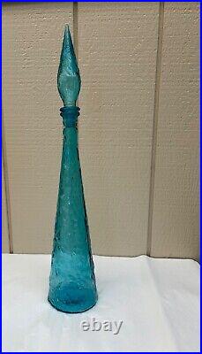 Vintage Aqua Blue Hobnail Empoli Art Glass Bottle 23 Tall