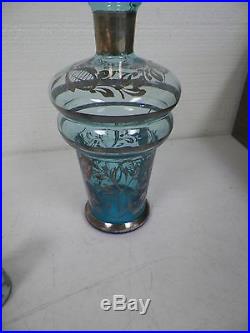 Vintage Aquamarine Light Blue Glass Decanter Silver Overlay 7 1/2 W 6 Glasses