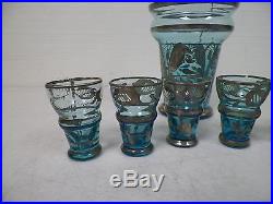 Vintage Aquamarine Light Blue Glass Decanter Silver Overlay 7 1/2 W 6 Glasses