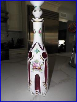 Vintage Arcadia Cut To Pink White Cased Glass Decanter Czech Bohemian 16 1/2