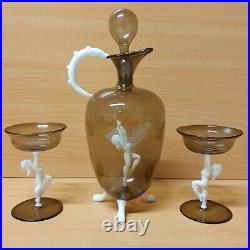 Vintage Art Deco Bimini Glass Cocktail Set glasses & Decanter / jug nude lady