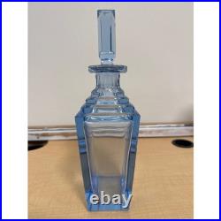 Vintage Art Deco Blue Glass Decanter with Stopper Geometric Square Barware