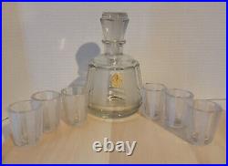 Vintage Art Deco Czech Cut Glass Decater Set 6 Glasses Clear & Frosted