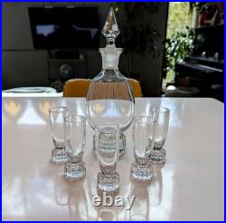 Vintage Art Deco Machine Age Cut Glass Decanter Set with Five Cordial Glasses