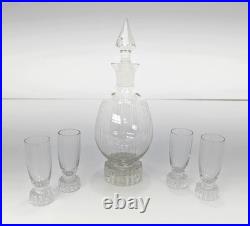 Vintage Art Deco Machine Age Cut Glass Decanter Set with Five Cordial Glasses