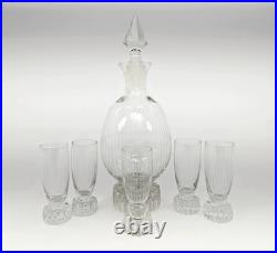 Vintage Art Deco Machine Age Cut Glass Decanter Set with Five Cordial Glasses
