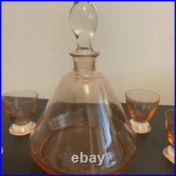 Vintage Art Deco Rosalin (Pink) Glass Carafe WithStopper 4 Glasses