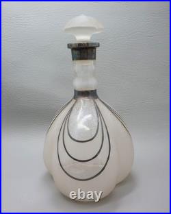 Vintage Art Deco Satin Glass Decanter with Silver Overlay Accents 9.5 Tall