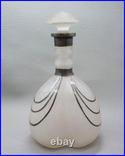 Vintage Art Deco Satin Glass Decanter with Silver Overlay Accents 9.5 Tall