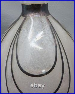 Vintage Art Deco Satin Glass Decanter with Silver Overlay Accents 9.5 Tall