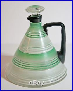 Vintage Art Deco conical decanter & six glasses green, white, black c1930s VGC