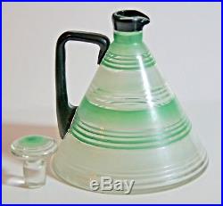 Vintage Art Deco conical decanter & six glasses green, white, black c1930s VGC