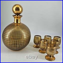 Vintage Art Deco gold grid round decanter w stopper 6 cordial liquor glasses set