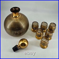 Vintage Art Deco gold grid round decanter w stopper 6 cordial liquor glasses set