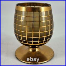 Vintage Art Deco gold grid round decanter w stopper 6 cordial liquor glasses set