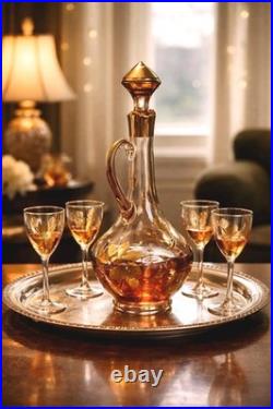 Vintage Art Glass Decanter Set with Gold Floral Etching, 5-Piece Ensemble